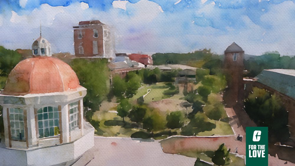 A watercolor-style illustration of the UNC Charlotte campus features lush greenery, iconic architecture, and a bright blue sky. The "For The Love" logo is displayed in the bottom right corner.