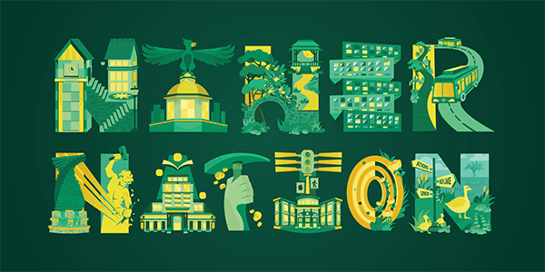 Stylized illustration of the phrase "Niner Nation" filled with green, gold, and teal graphic depictions of iconic UNC Charlotte landmarks, campus buildings.