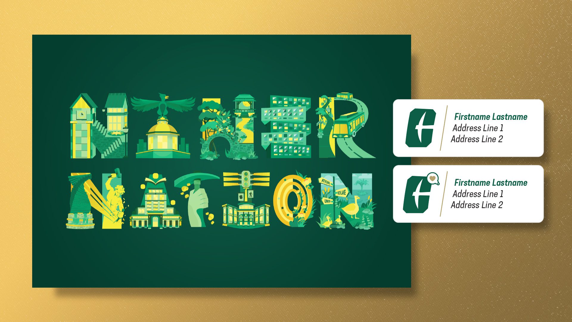 Graphic poster featuring the illustrated phrase "Niner Nation" in bold letters filled with UNC Charlotte campus imagery. To the right are two name tag designs displaying the UNC Charlotte logo and placeholder text for a person’s name and address.